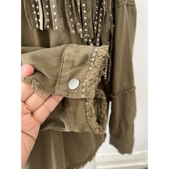 Zara Olive Green Cotton Fringe Trim Studded Snap Button Western Jacket Size Lg - Picture 6 of 9
